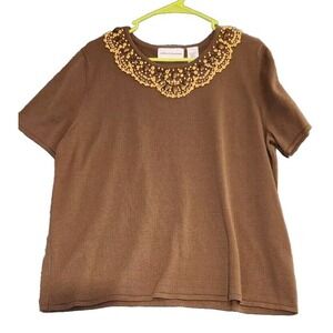 Alfred Dunner Safari Chocolate Brown Wood Beads Embellishments Top Women's L NWT